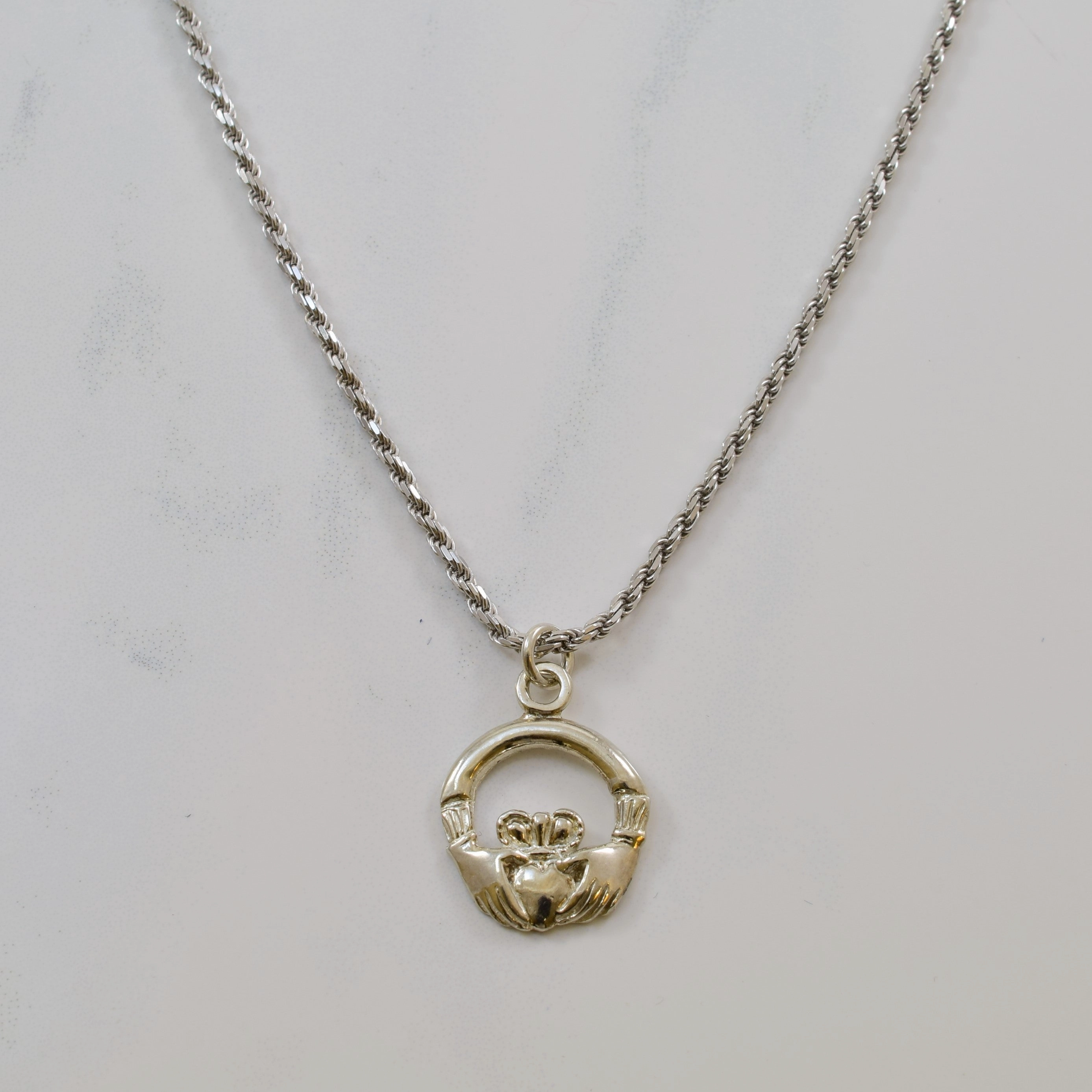 Dazzling Touch Luminous Highlight White Gold Claddagh Necklace | 17.5" |